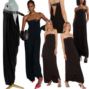 🆕 RAT & BOA 🧿 NWOT Antonie Draped Maxi Dress with Leather Belt, Black Sz L/XL